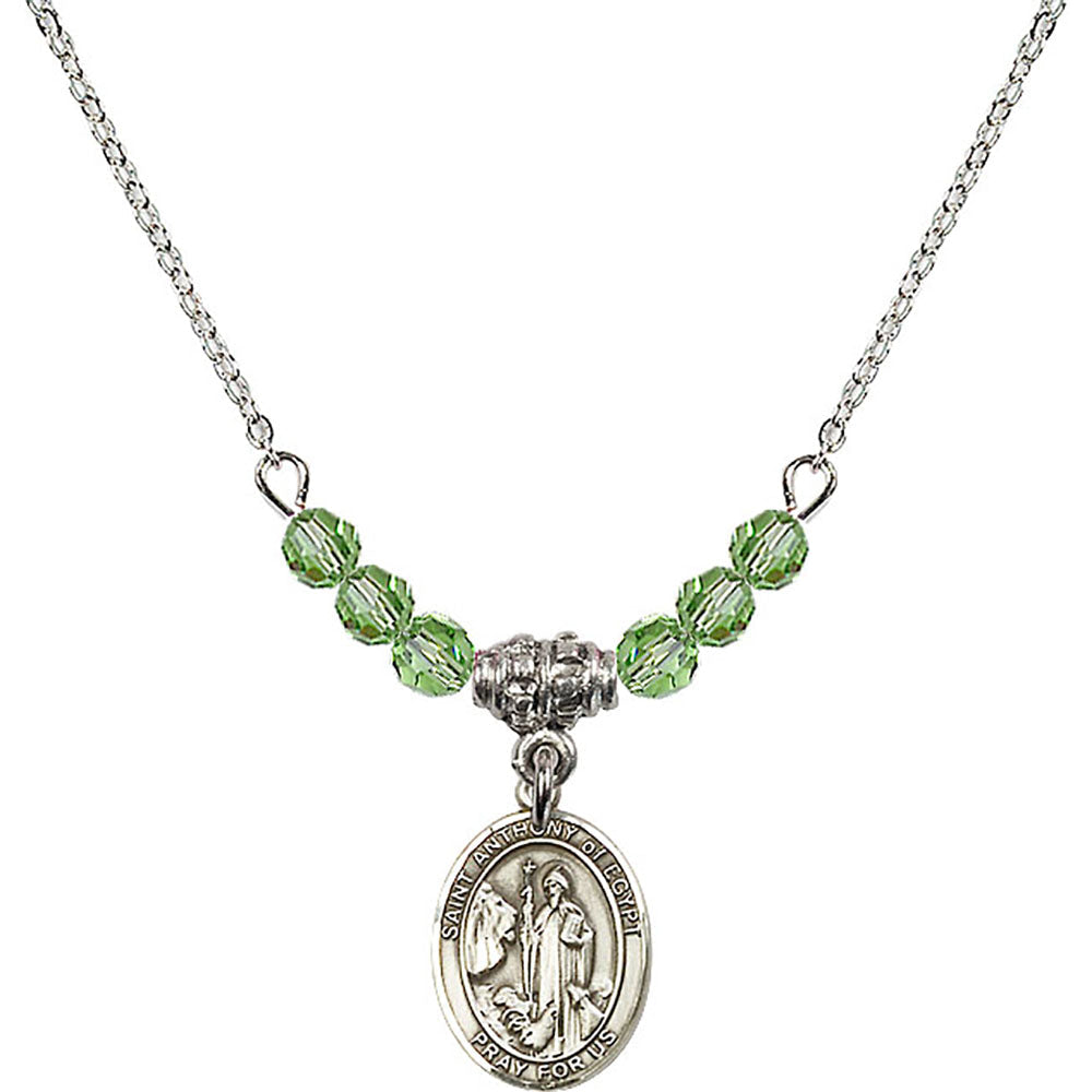 Sterling Silver Saint Anthony of Egypt Birthstone Necklace with Peridot Beads - 9317