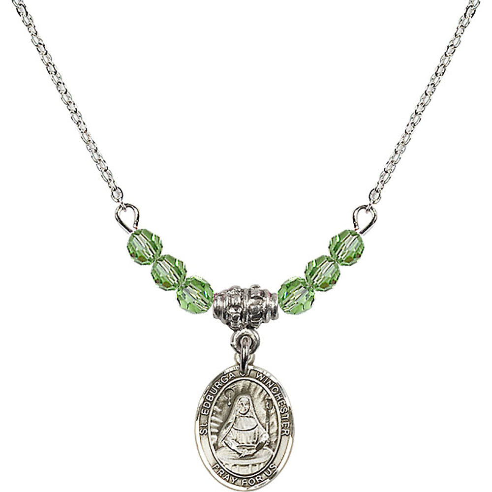 Sterling Silver Saint Edburga of Winchester Birthstone Necklace with Peridot Beads - 9324
