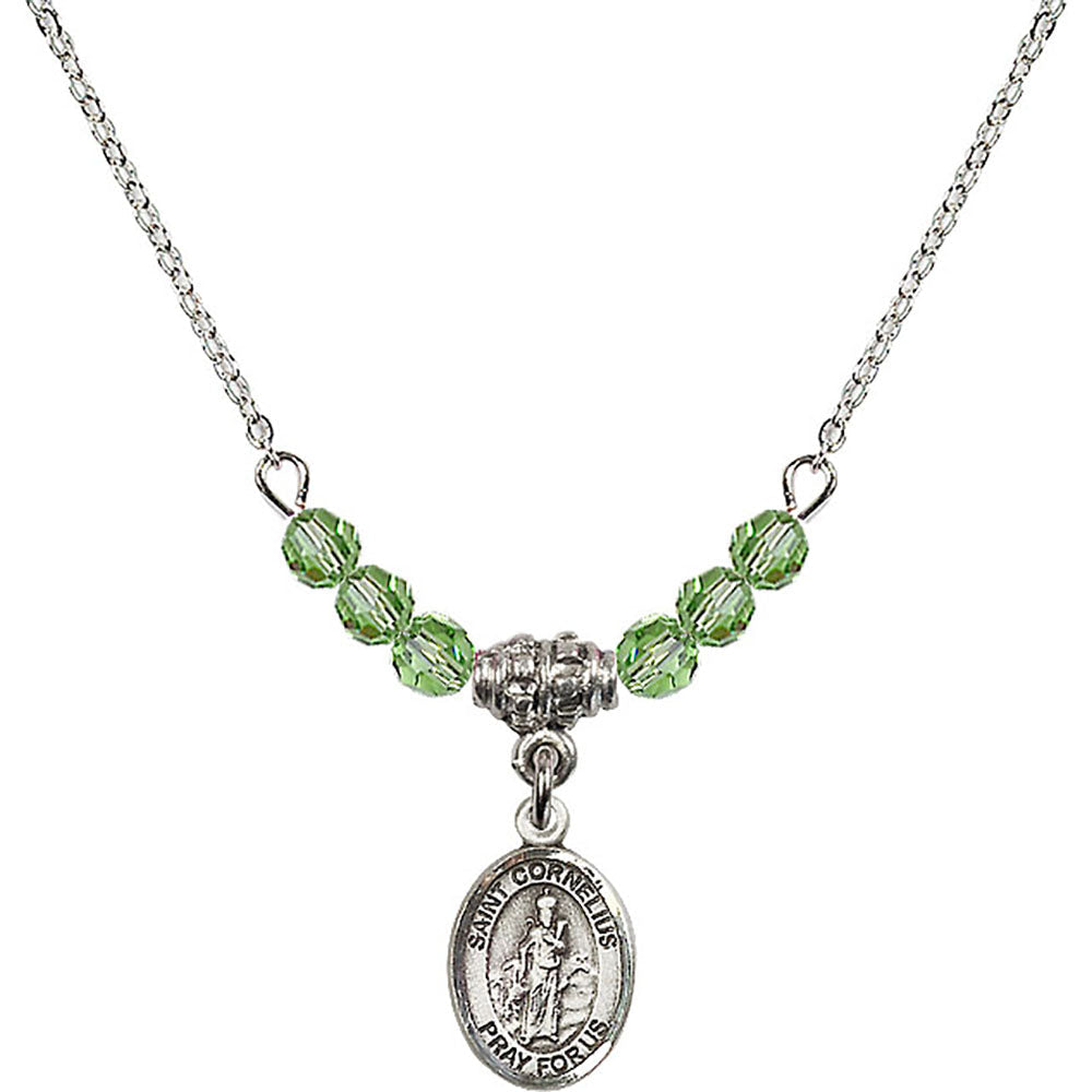 Sterling Silver Saint Cornelius Birthstone Necklace with Peridot Beads - 9325