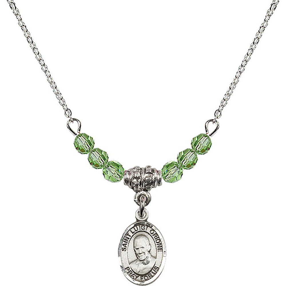 Sterling Silver Saint Luigi Orione Birthstone Necklace with Peridot Beads - 9326
