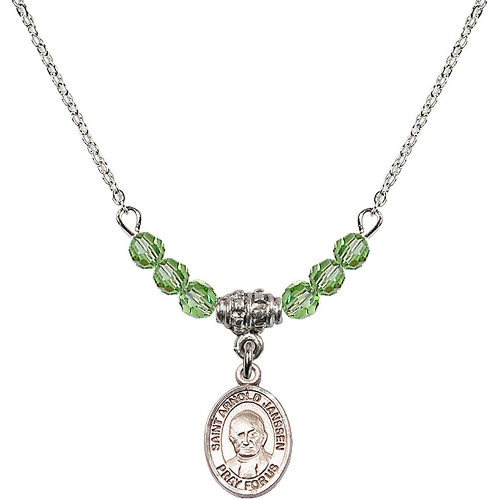 Sterling Silver Saint Arnold Janssen Birthstone Necklace with Peridot Beads - 9328