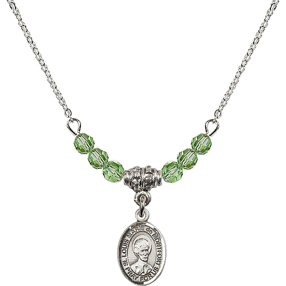 Sterling Silver Saint Louis Marie de Montfort Birthstone Necklace with Peridot Beads - 9330