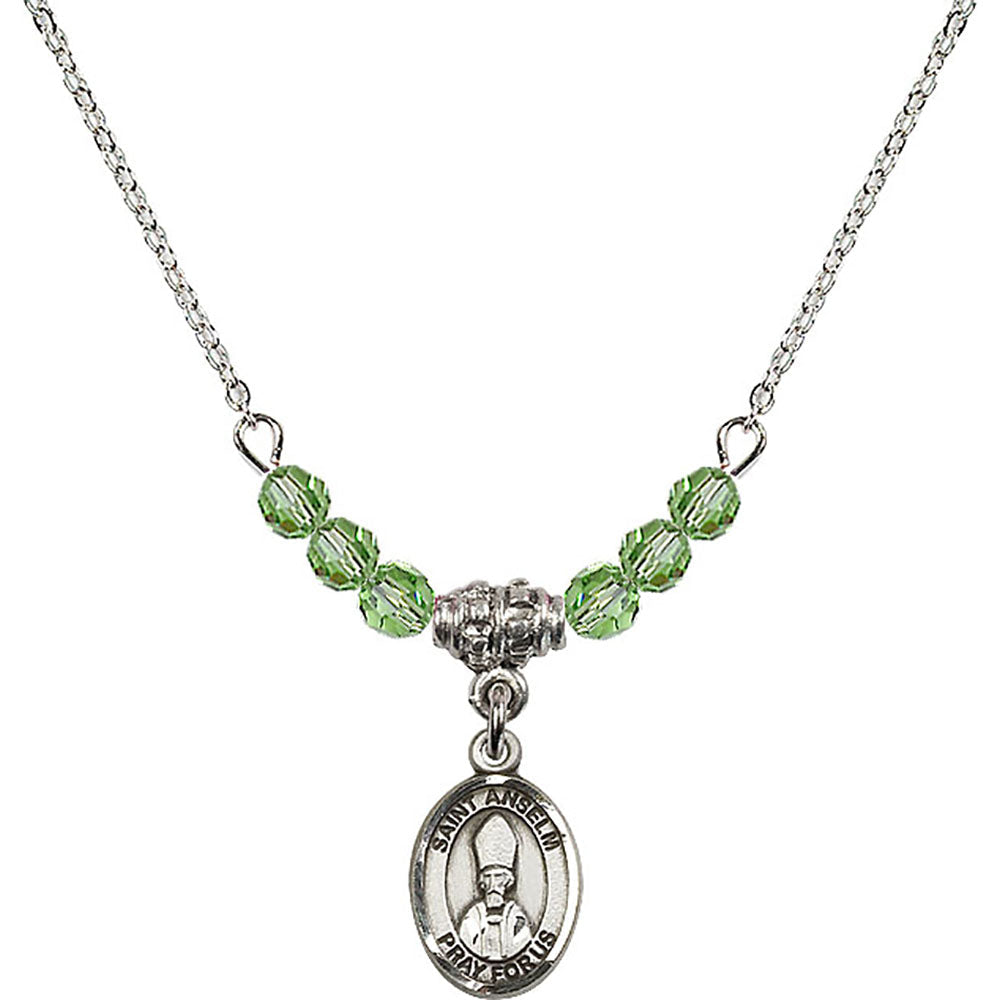 Sterling Silver Saint Anselm of Canterbury Birthstone Necklace with Peridot Beads - 9342