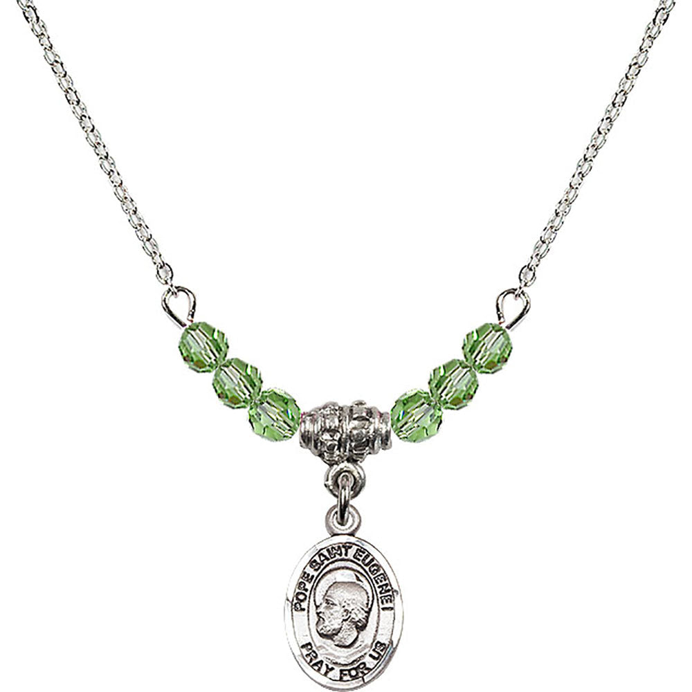 Sterling Silver Pope Saint Eugene I Birthstone Necklace with Peridot Beads - 9352