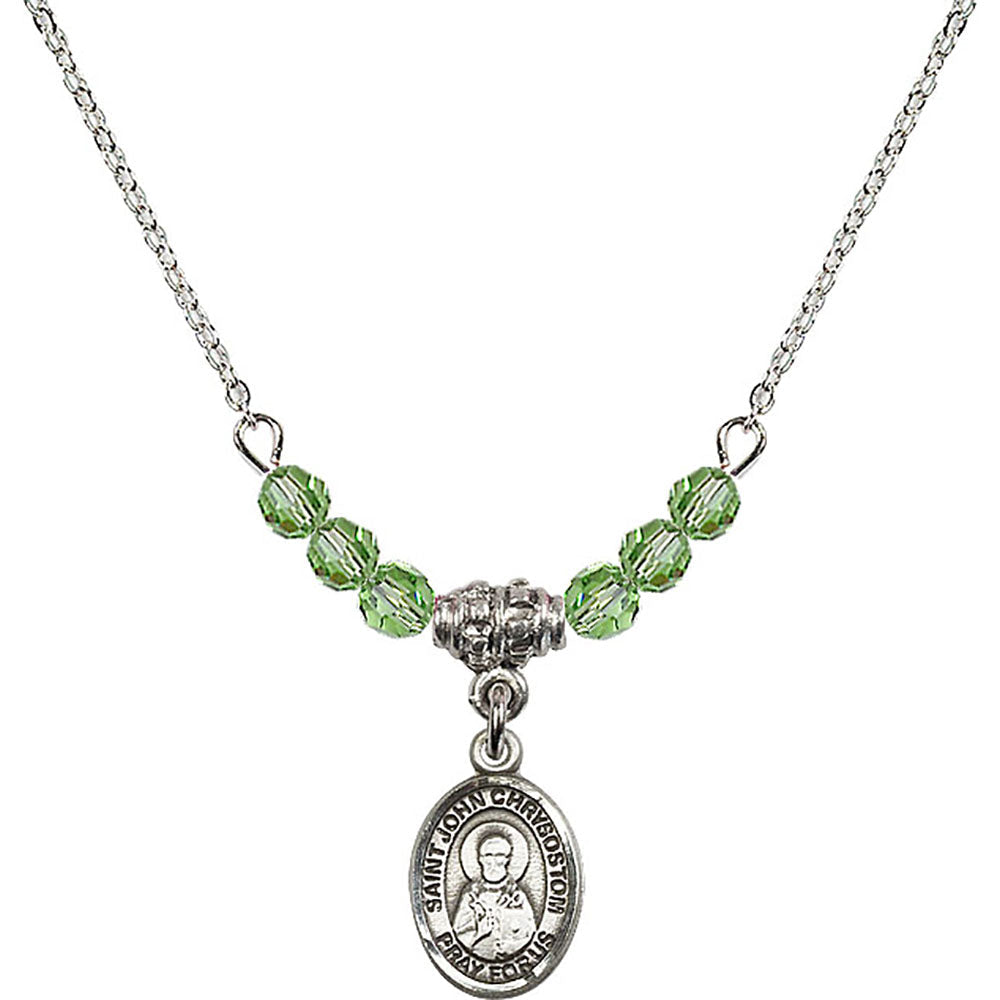 Sterling Silver Saint John Chrysostom Birthstone Necklace with Peridot Beads - 9357