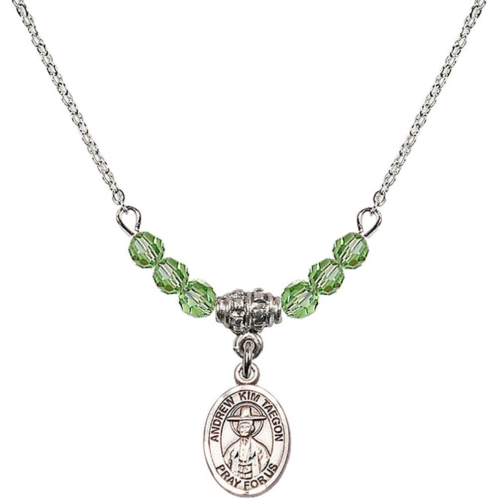 Sterling Silver Saint Andrew Kim Taegon Birthstone Necklace with Peridot Beads - 9373