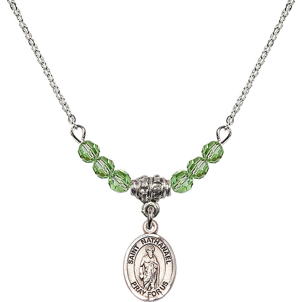 Sterling Silver Saint Nathanael Birthstone Necklace with Peridot Beads - 9398