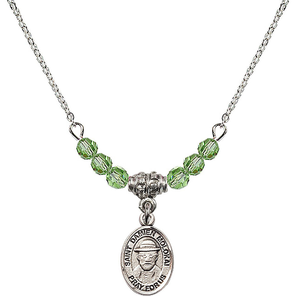 Sterling Silver Saint Damien of Molokai Birthstone Necklace with Peridot Beads - 9412