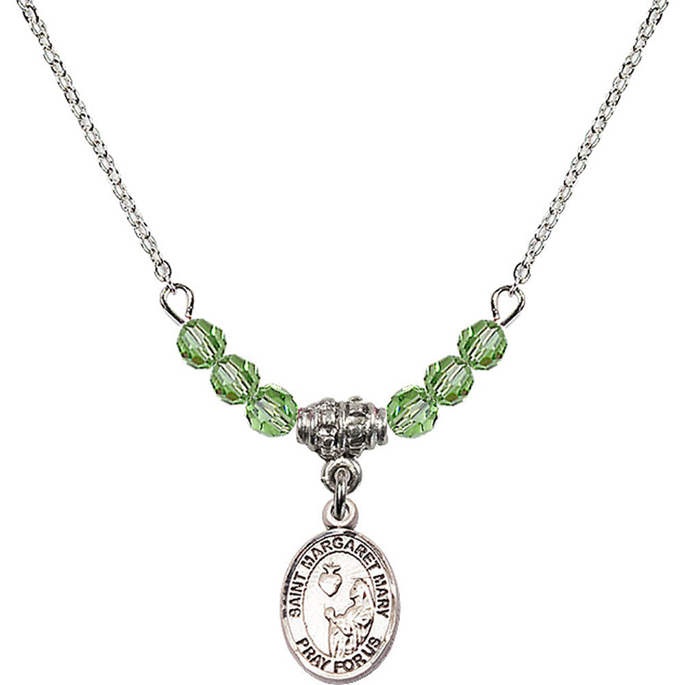 Sterling Silver Saint Margaret Mary Alacoque Birthstone Necklace with Peridot Beads - 9420
