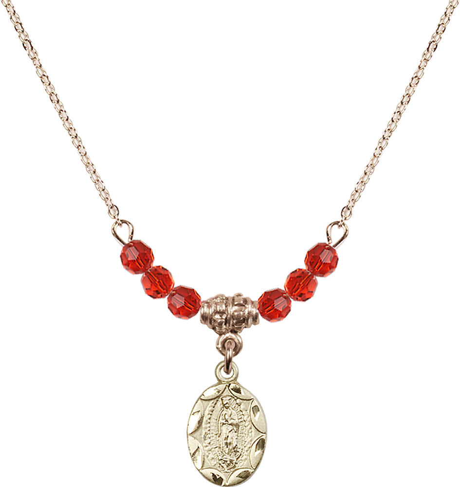 14kt Gold Filled Our Lady of Guadalupe Birthstone Necklace with Ruby Beads - 0301