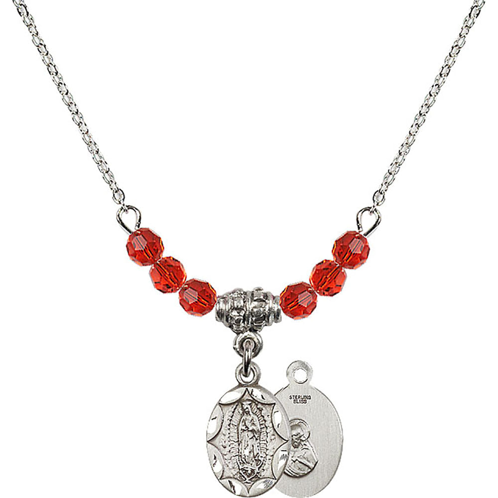 Sterling Silver Our Lady of Guadalupe Birthstone Necklace with Ruby Beads - 0301
