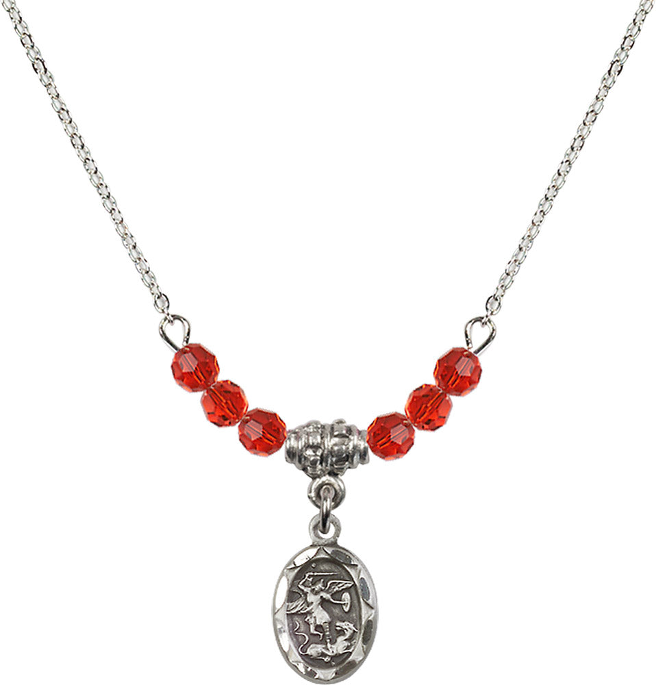 Sterling Silver Saint Michael the Archangel Birthstone Necklace with Ruby Beads - 0301
