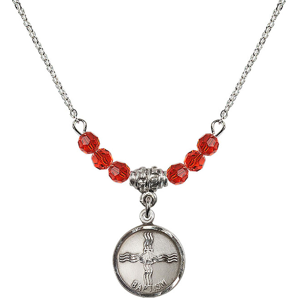 Sterling Silver Baptism Birthstone Necklace with Ruby Beads - 0601