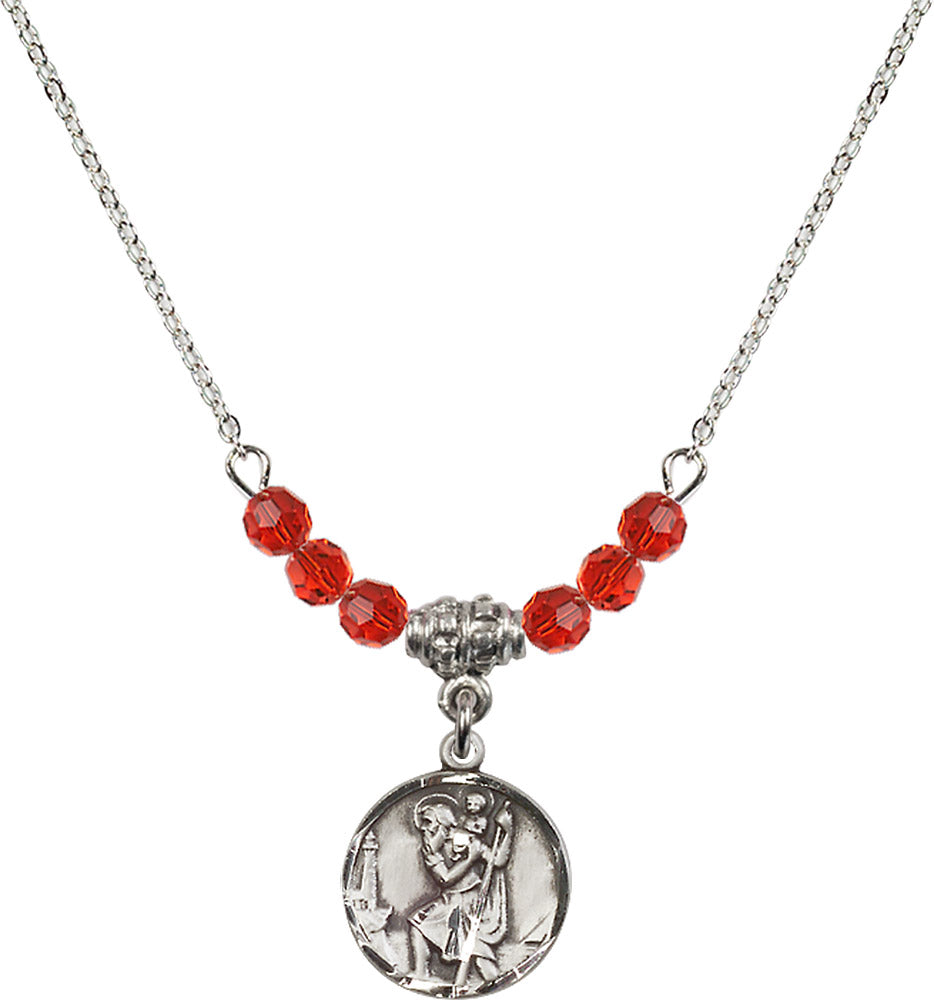 Sterling Silver Saint Christopher Birthstone Necklace with Ruby Beads - 0601