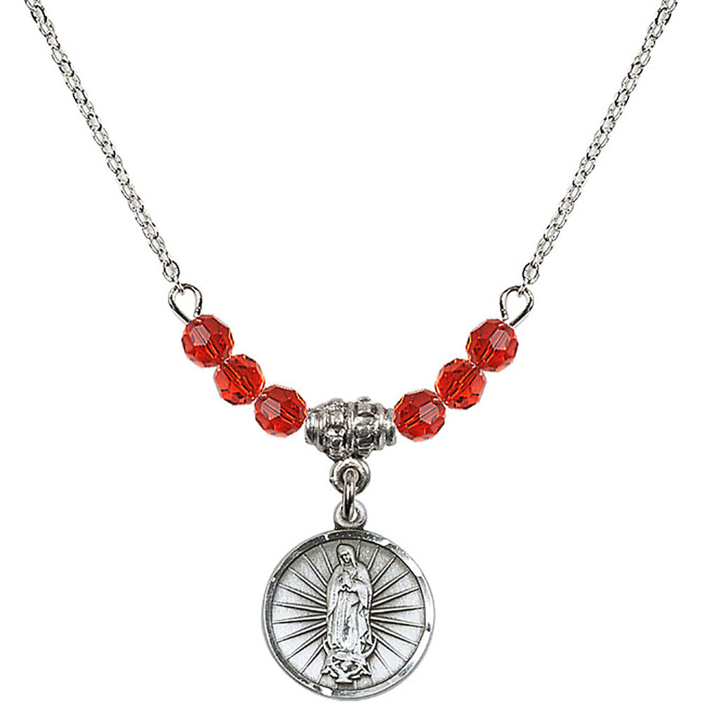Sterling Silver Our Lady of Guadalupe Birthstone Necklace with Ruby Beads - 0601