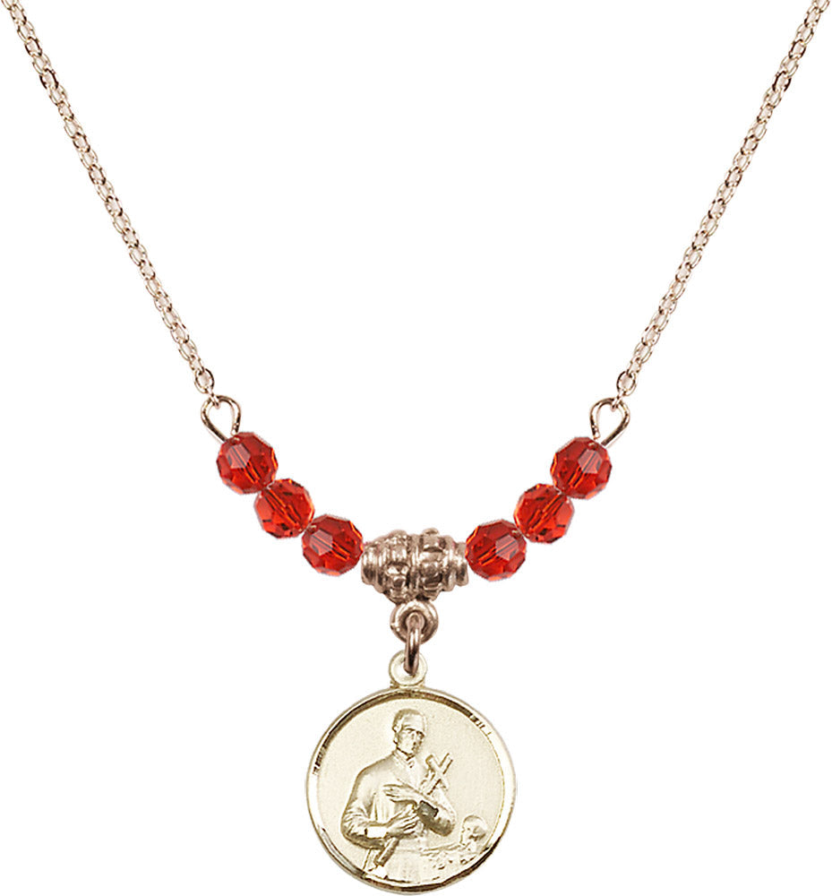 14kt Gold Filled Saint Gerard Birthstone Necklace with Ruby Beads - 0601