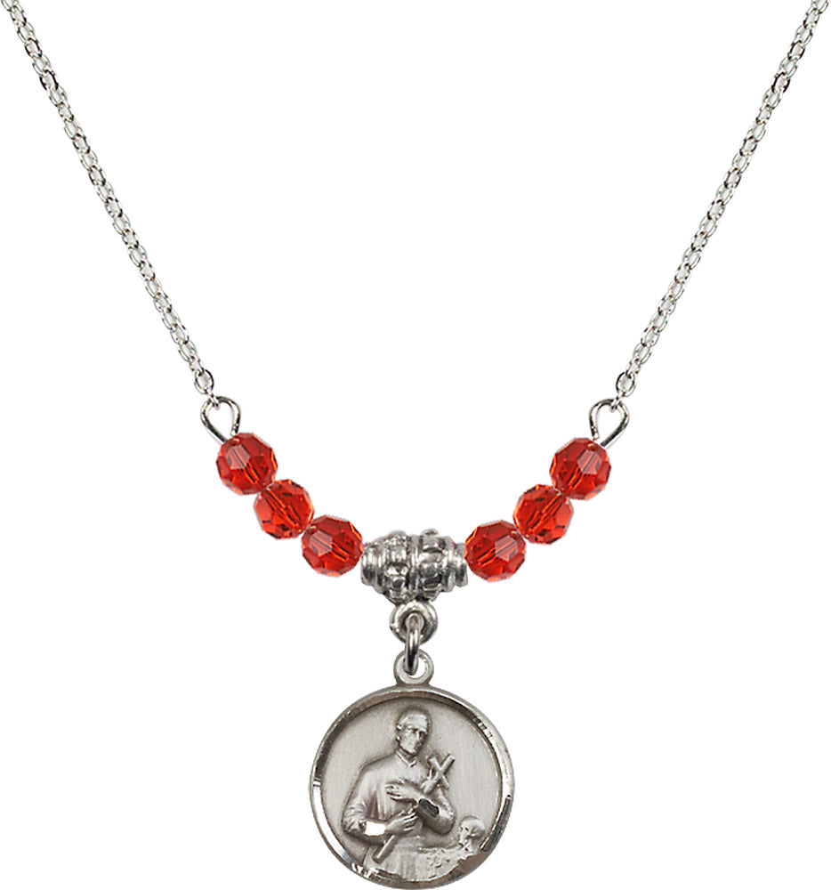 Sterling Silver Saint Gerard Birthstone Necklace with Ruby Beads - 0601