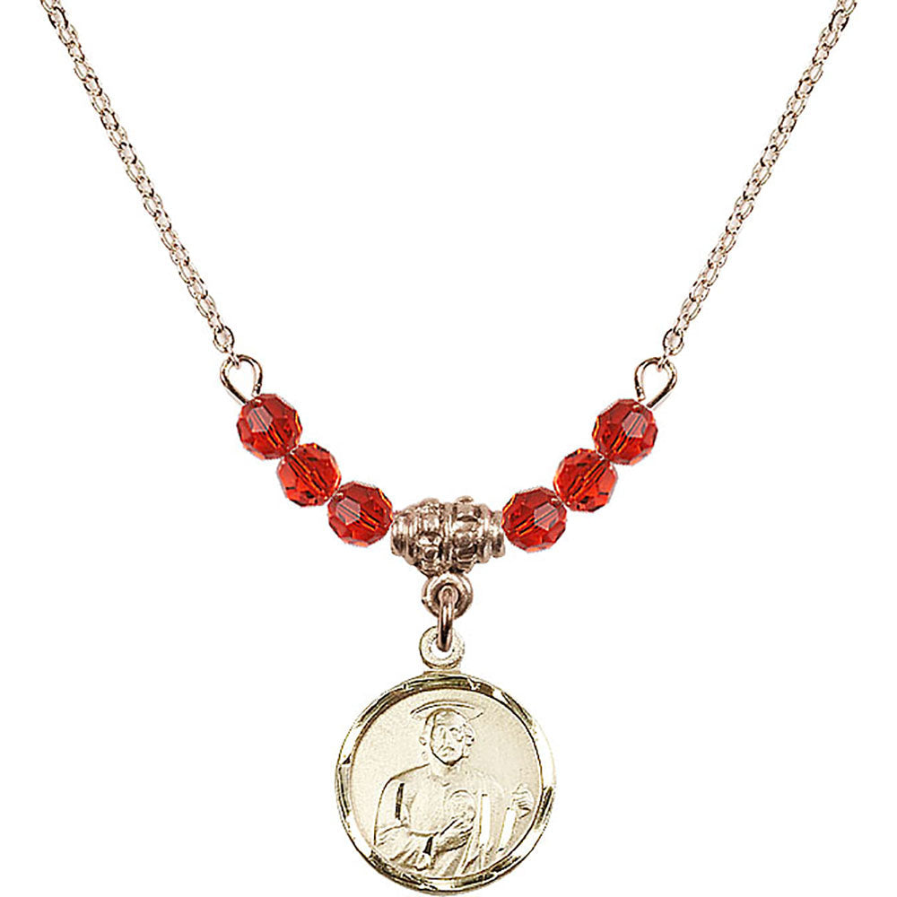 14kt Gold Filled Saint Jude Birthstone Necklace with Ruby Beads - 0601