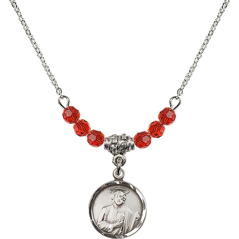 Sterling Silver Saint Jude Birthstone Necklace with Ruby Beads - 0601