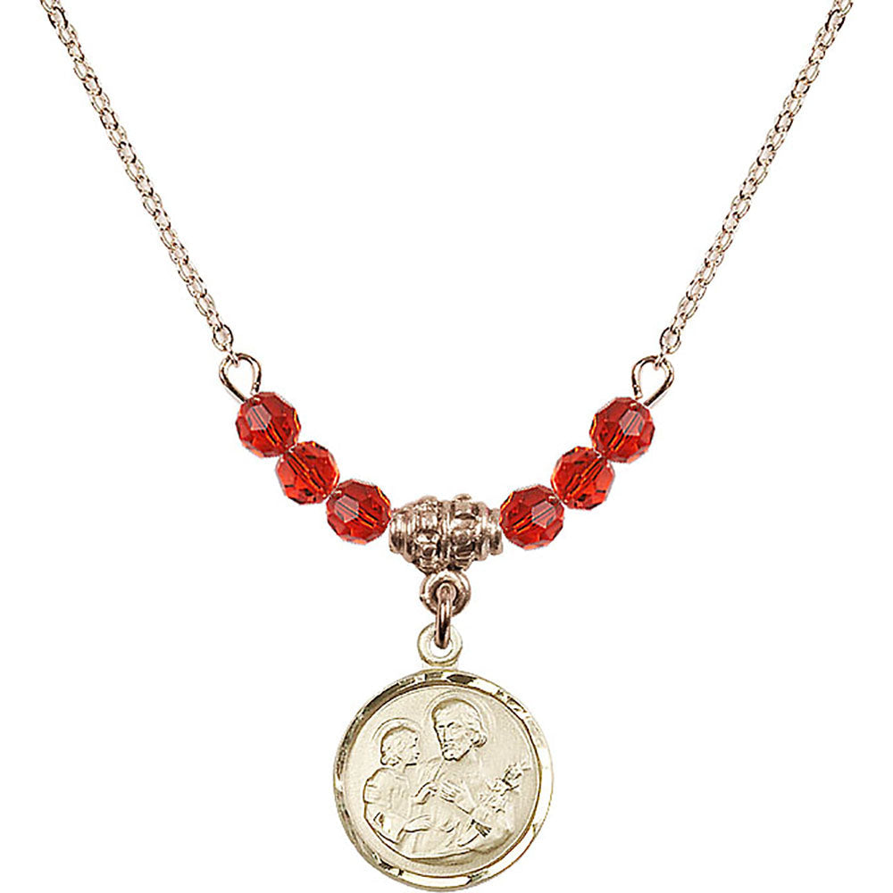 14kt Gold Filled Saint Joseph Birthstone Necklace with Ruby Beads - 0601