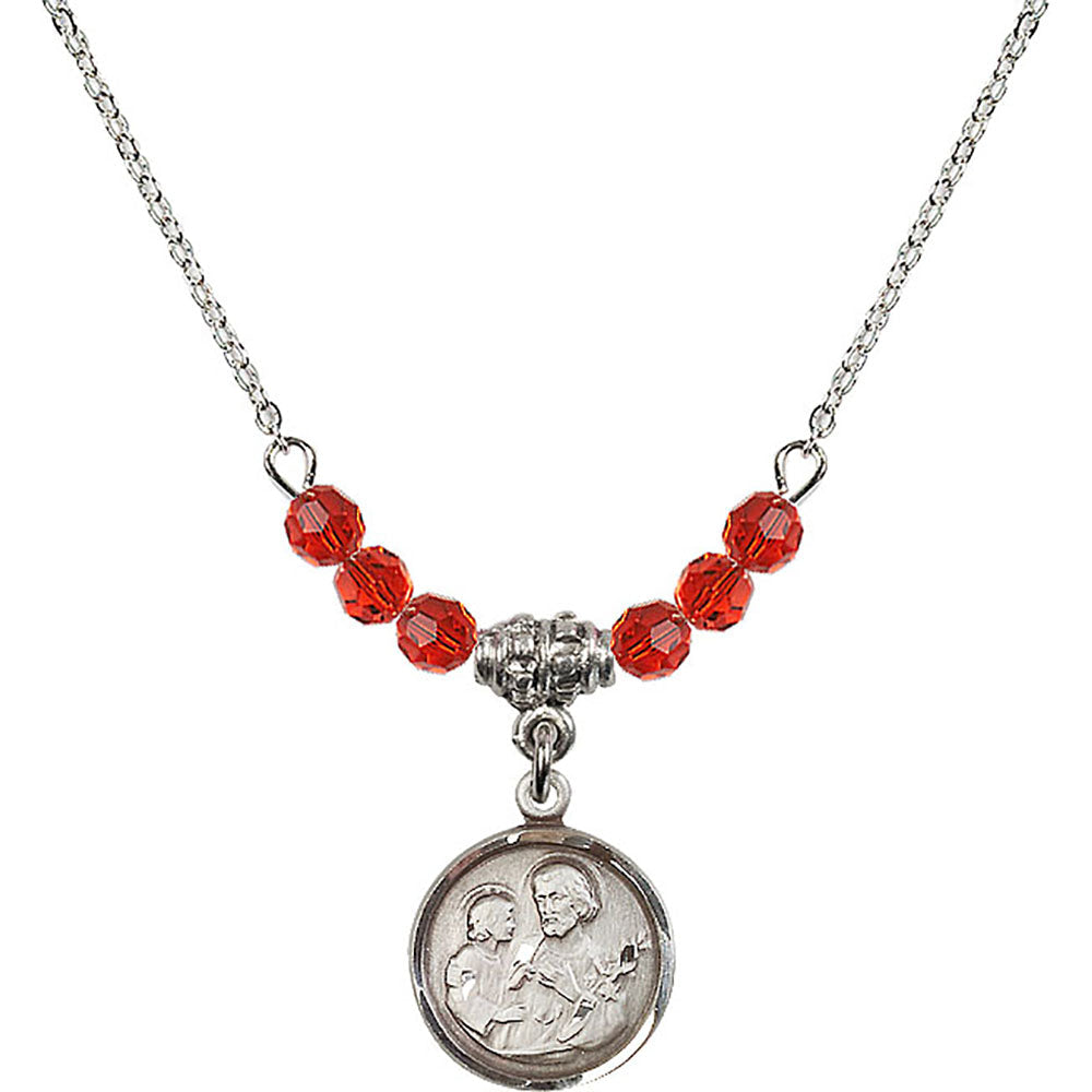 Sterling Silver Saint Joseph Birthstone Necklace with Ruby Beads - 0601