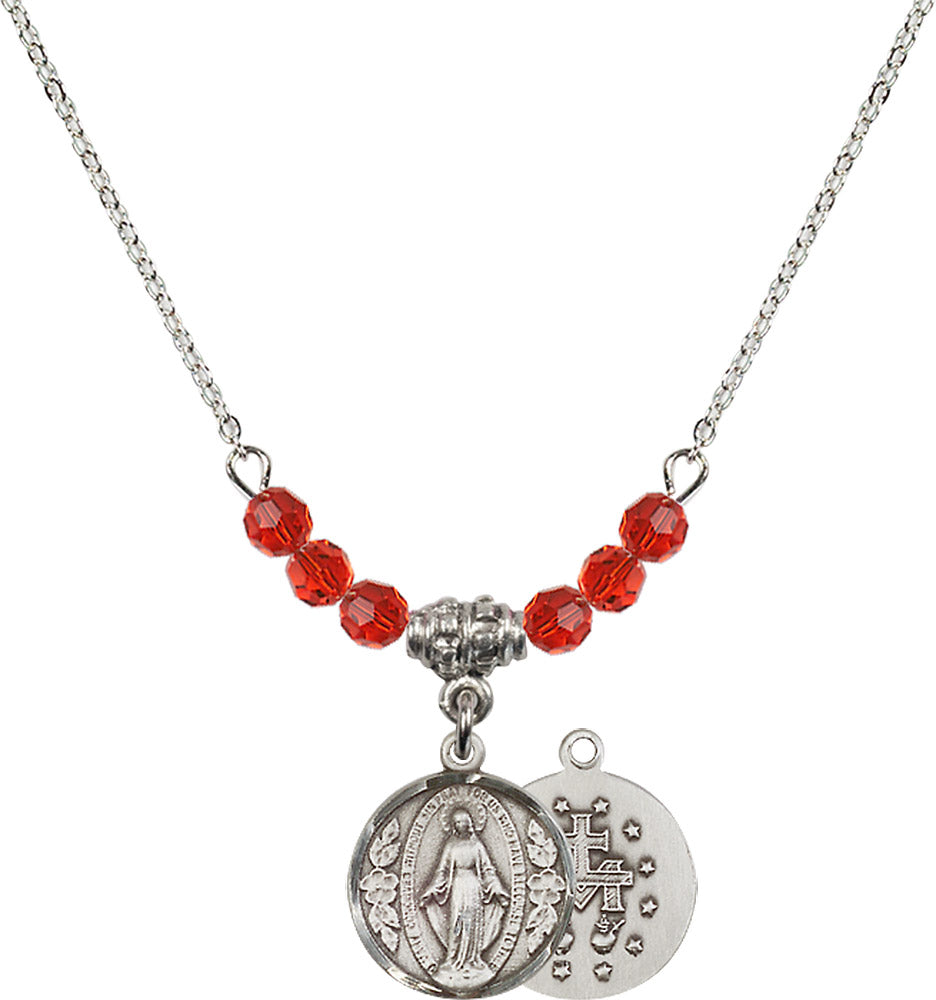 Sterling Silver Miraculous Birthstone Necklace with Ruby Beads - 0601