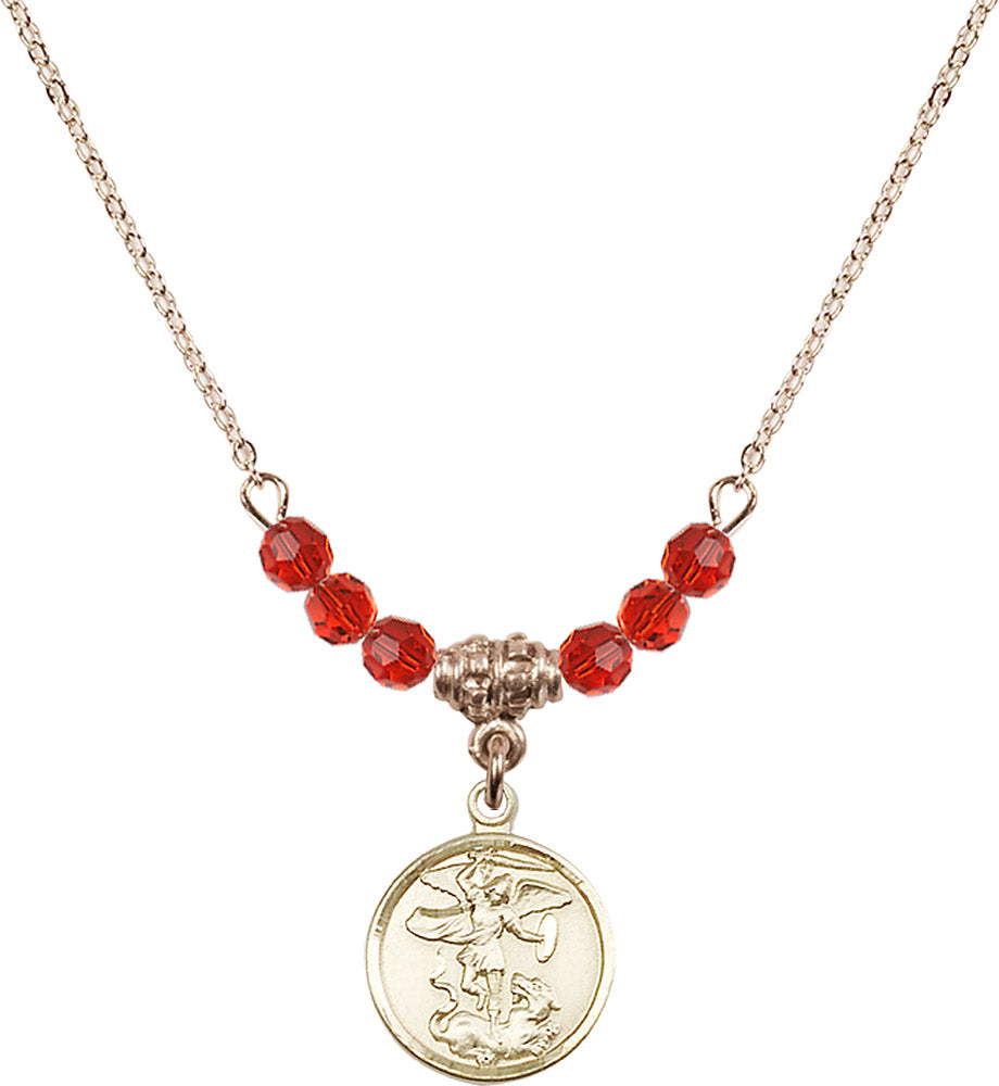 14kt Gold Filled Saint Michael the Archangel Birthstone Necklace with Ruby Beads - 0601