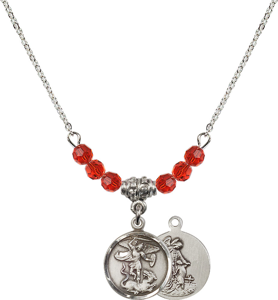 Sterling Silver Saint Michael the Archangel Birthstone Necklace with Ruby Beads - 0601