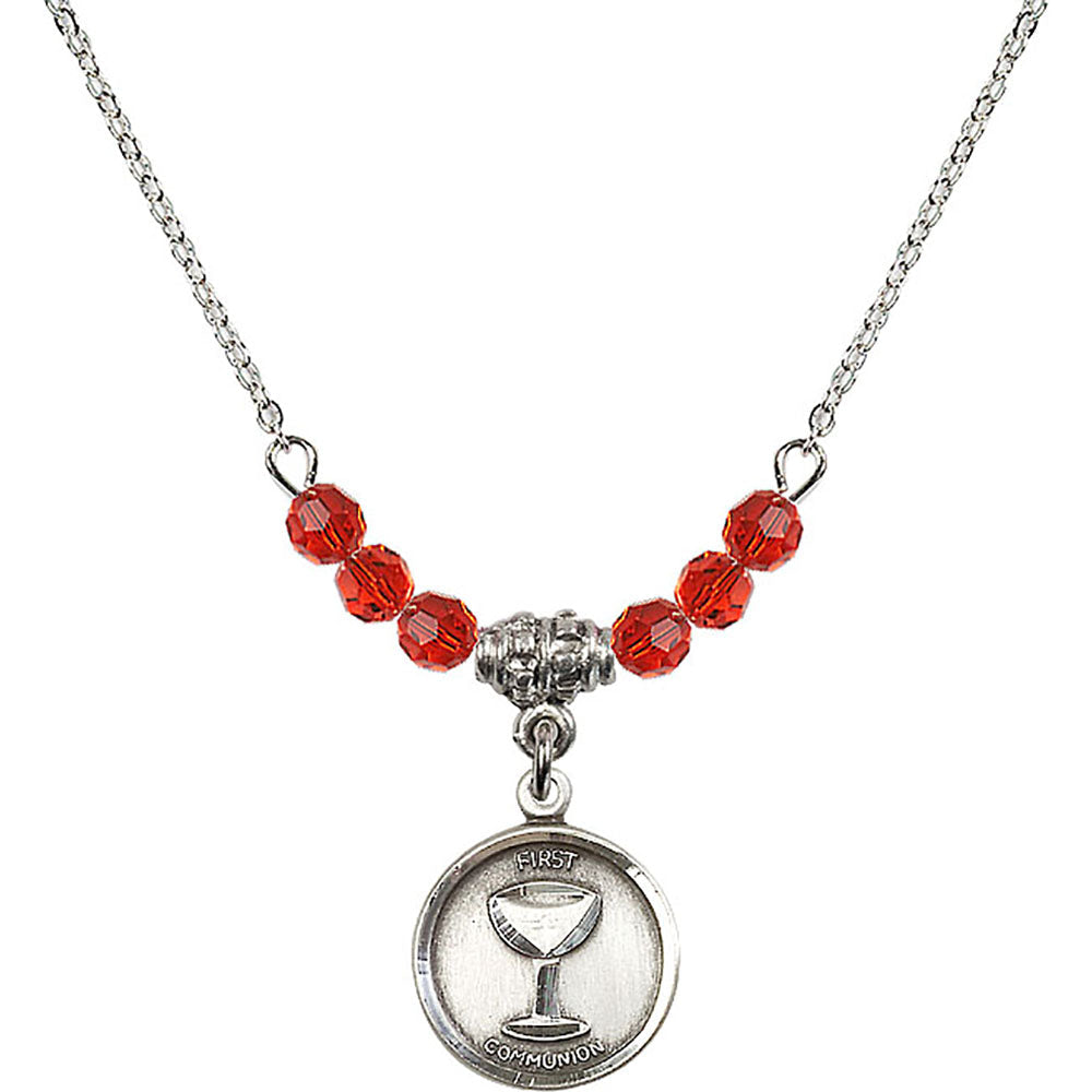 Sterling Silver Communion Birthstone Necklace with Ruby Beads - 0601