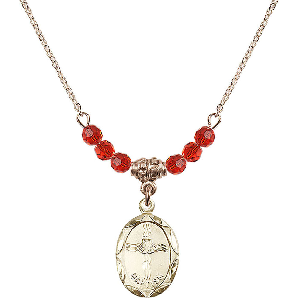 14kt Gold Filled Baptism Birthstone Necklace with Ruby Beads - 0612