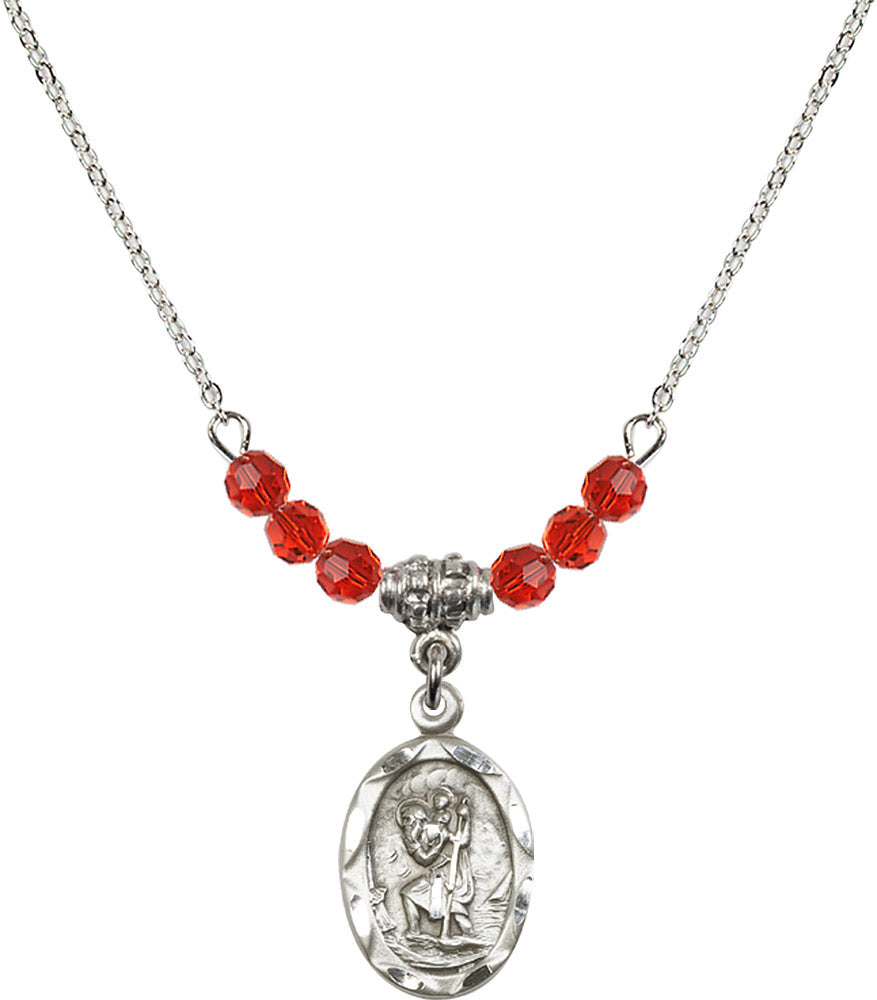 Sterling Silver Saint Christopher Birthstone Necklace with Ruby Beads - 0612