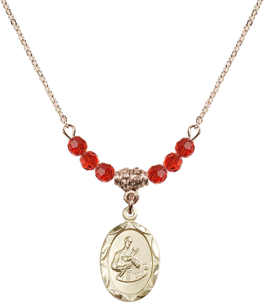 14kt Gold Filled Saint Gerard Birthstone Necklace with Ruby Beads - 0612