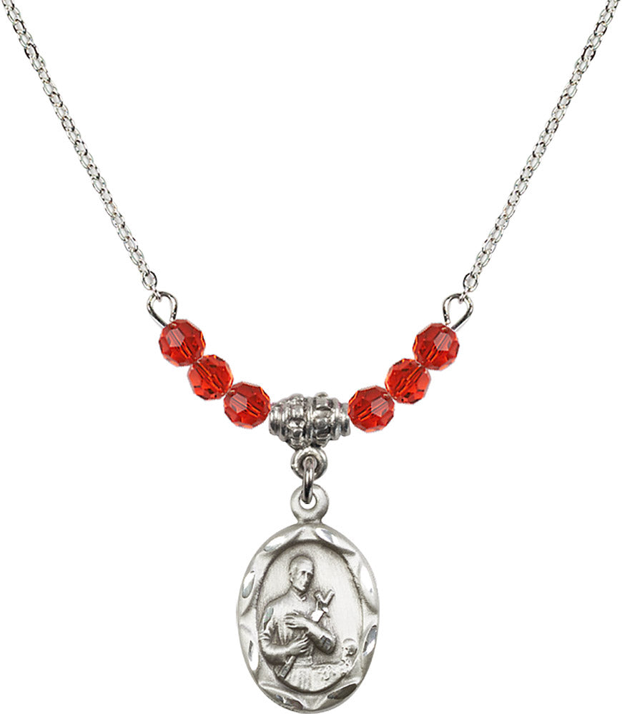 Sterling Silver Saint Gerard Birthstone Necklace with Ruby Beads - 0612
