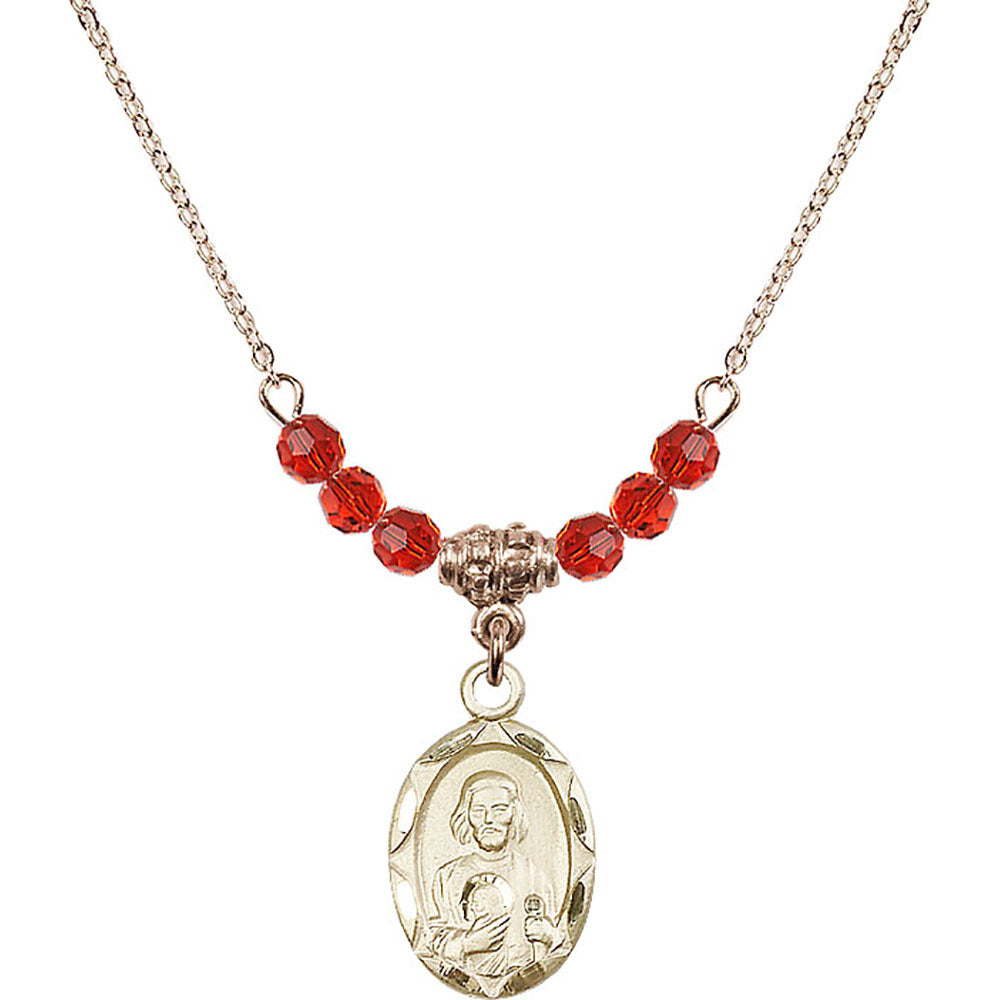 14kt Gold Filled Saint Jude Birthstone Necklace with Ruby Beads - 0612
