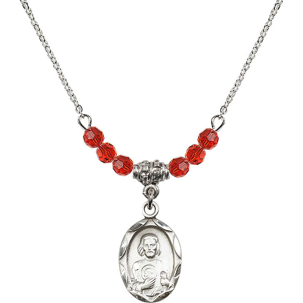 Sterling Silver Saint Jude Birthstone Necklace with Ruby Beads - 0612