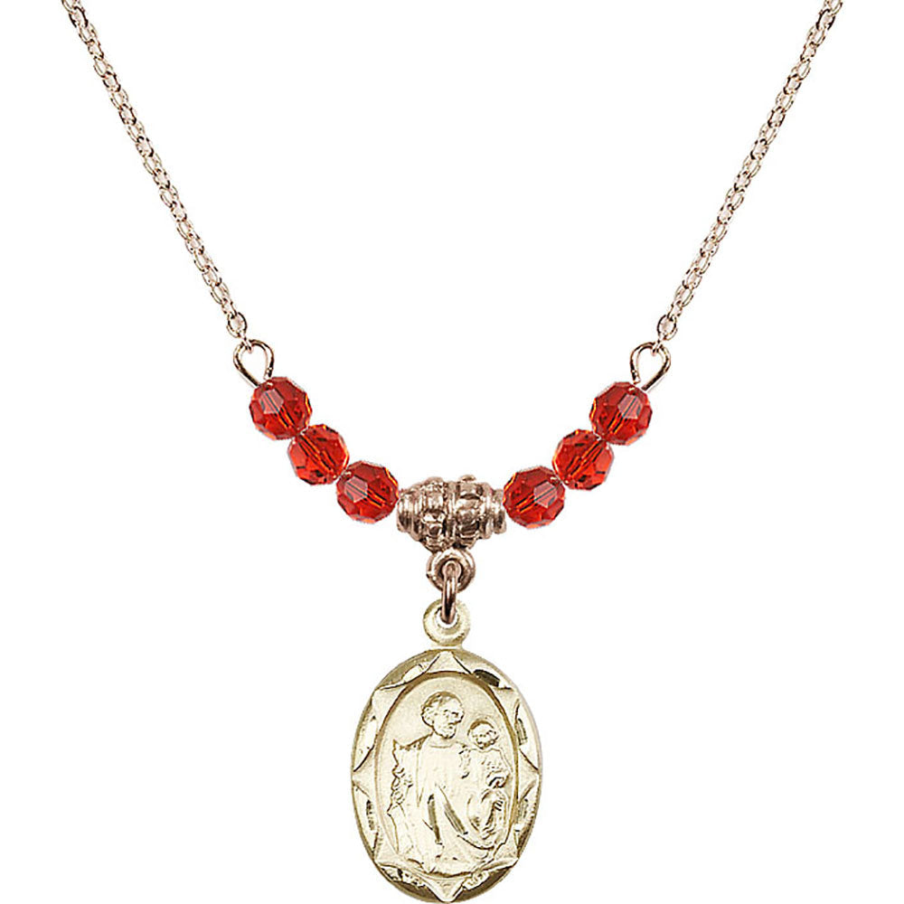 14kt Gold Filled Saint Joseph Birthstone Necklace with Ruby Beads - 0612