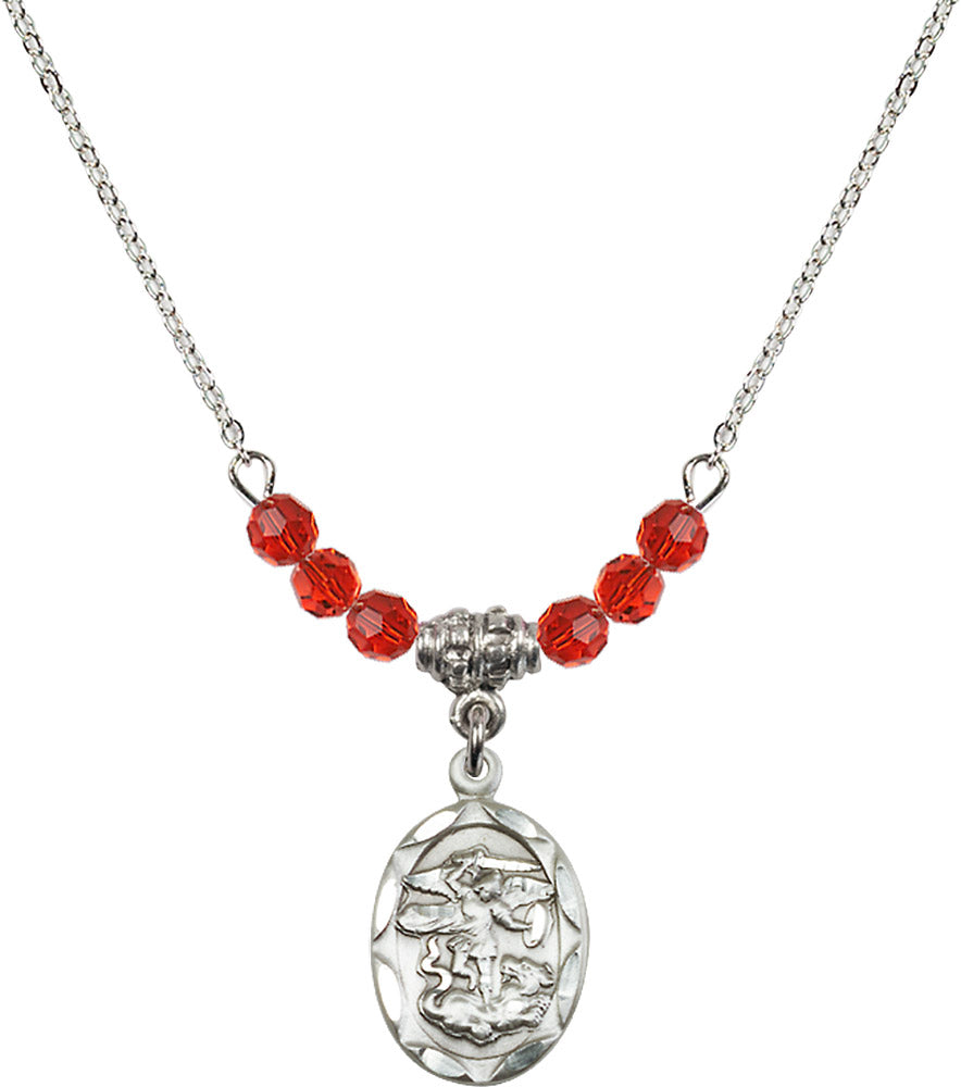 Sterling Silver Saint Michael the Archangel Birthstone Necklace with Ruby Beads - 0612