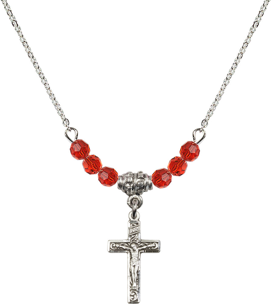 Sterling Silver Crucifix Birthstone Necklace with Ruby Beads - 0672