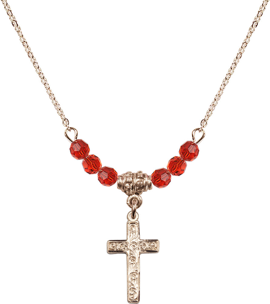 14kt Gold Filled Cross Birthstone Necklace with Ruby Beads - 0672