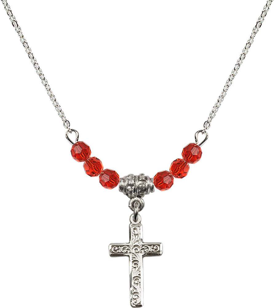 Sterling Silver Cross Birthstone Necklace with Ruby Beads - 0672