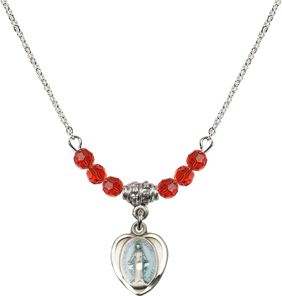 Sterling Silver Miraculous Birthstone Necklace with Ruby Beads - 0706
