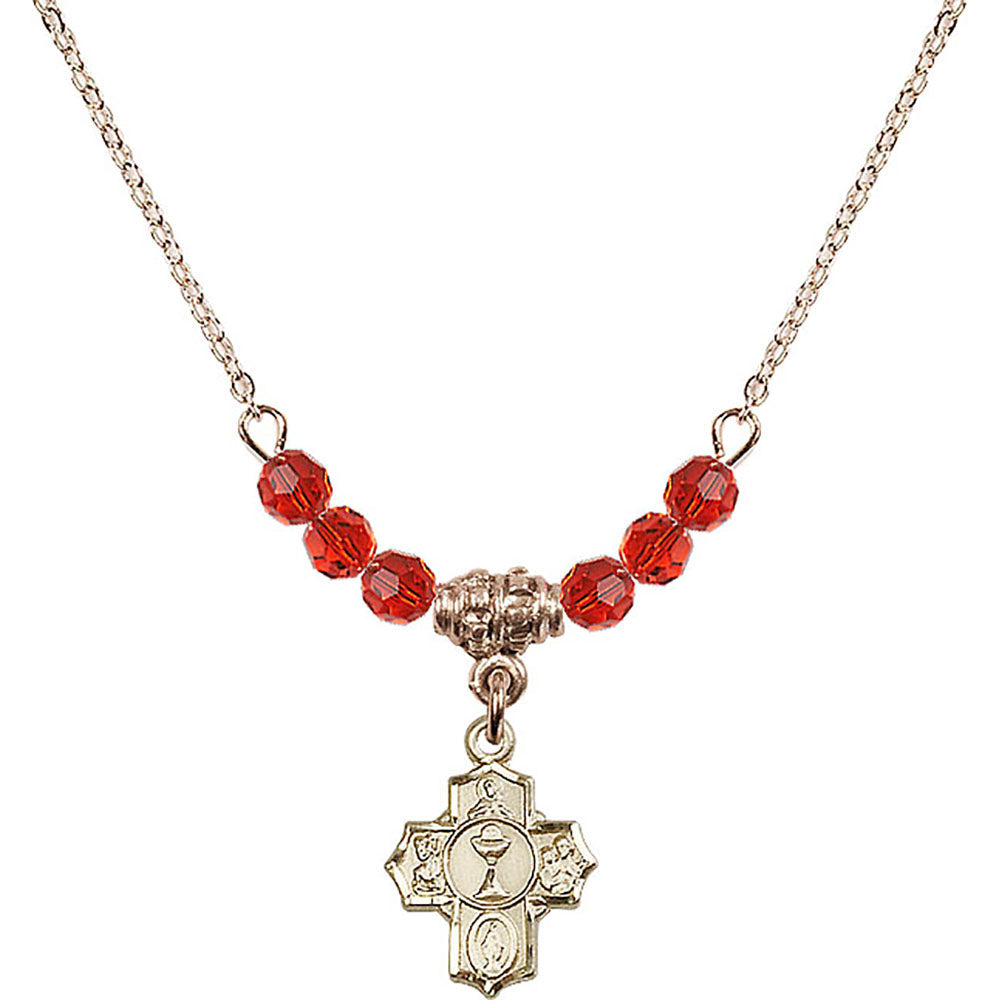 14kt Gold Filled Communion 5-Way Birthstone Necklace with Ruby Beads - 0890