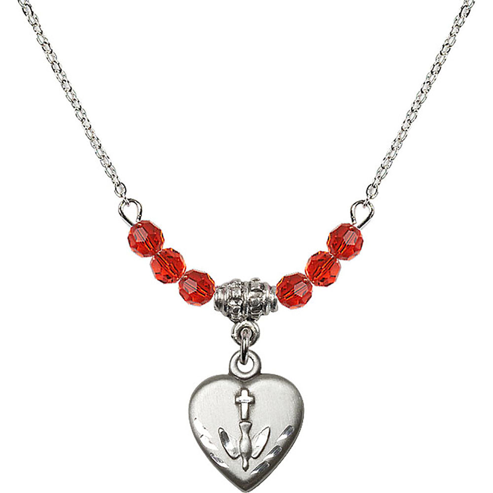 Sterling Silver Heart / Confirmation Birthstone Necklace with Ruby Beads - 0891