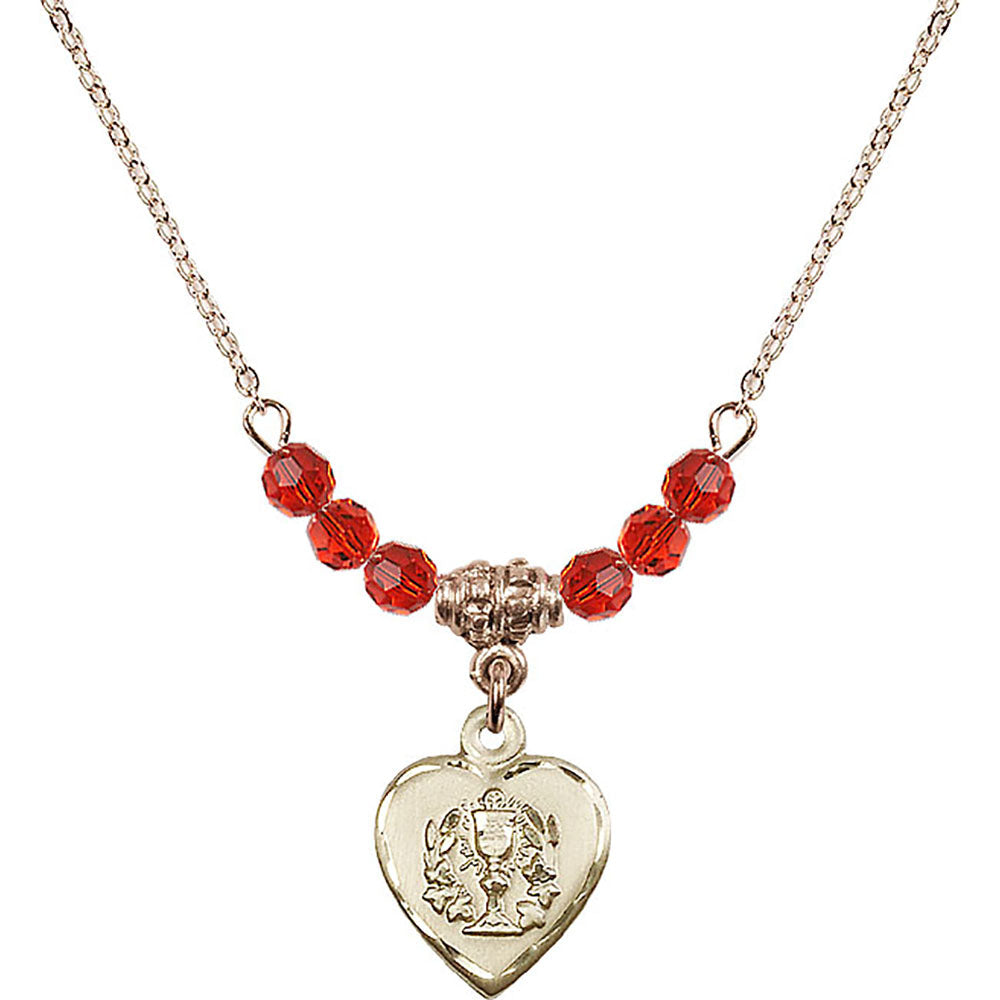 14kt Gold Filled Heart / Communion Birthstone Necklace with Ruby Beads - 0892