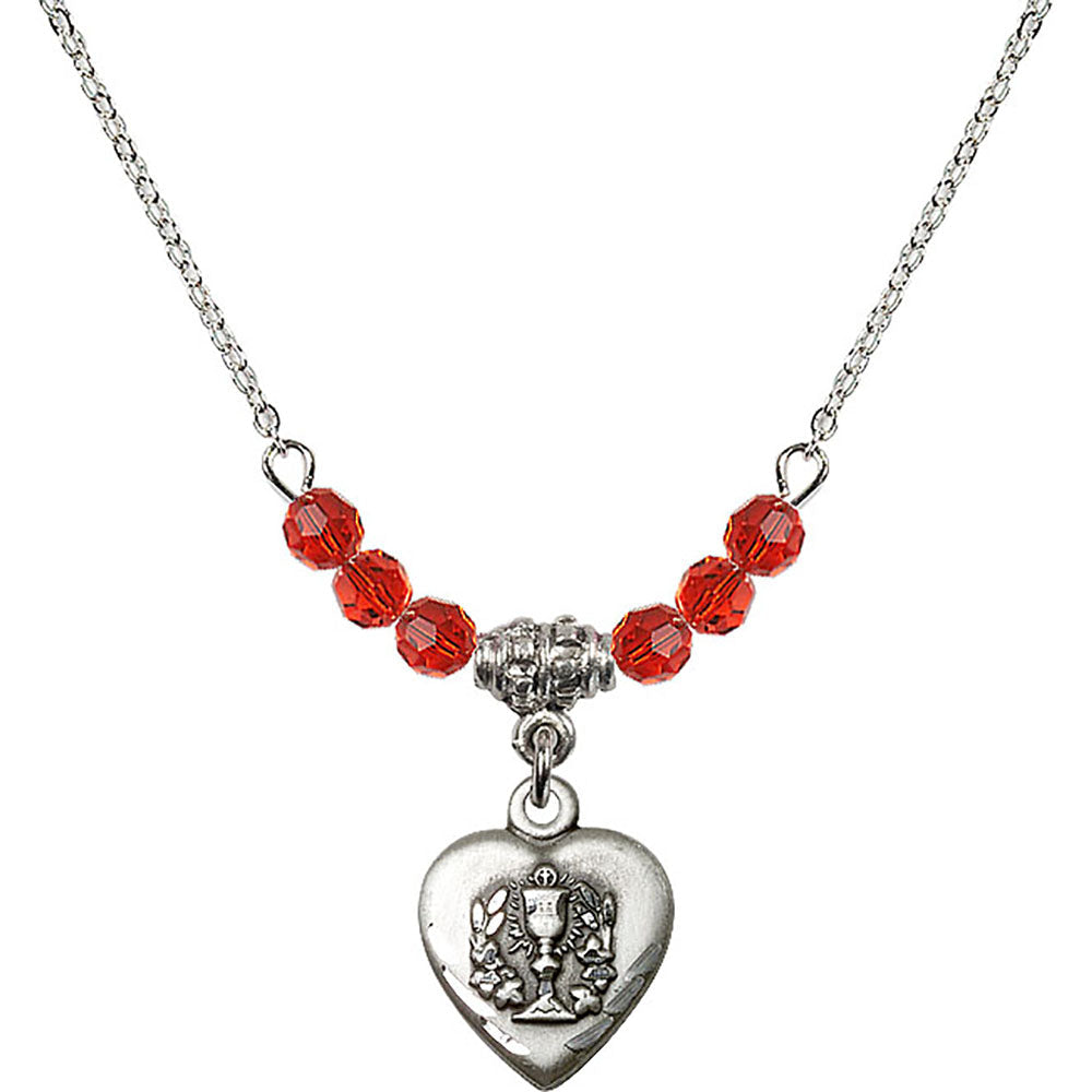 Sterling Silver Heart / Communion Birthstone Necklace with Ruby Beads - 0892