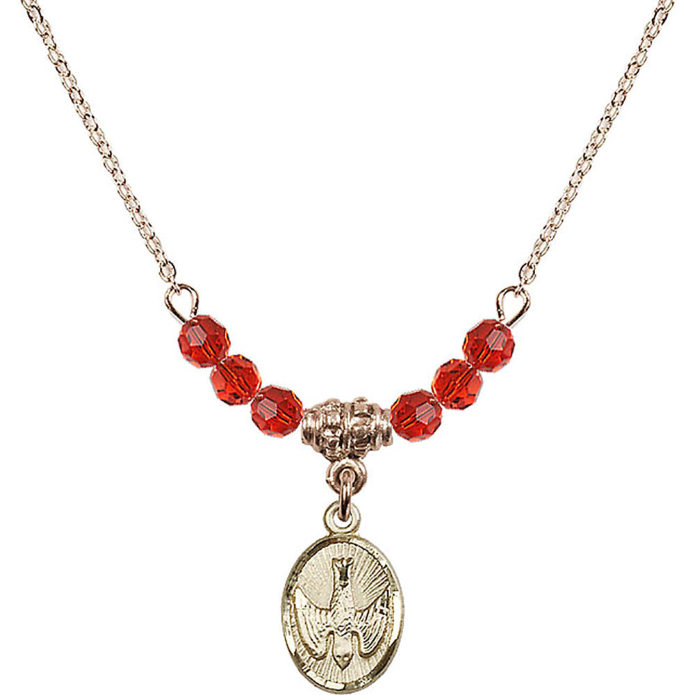 14kt Gold Filled Holy Spirit Birthstone Necklace with Ruby Beads - 0982