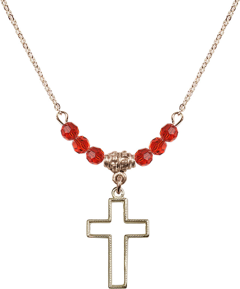 14kt Gold Filled Cross Birthstone Necklace with Ruby Beads - 1708