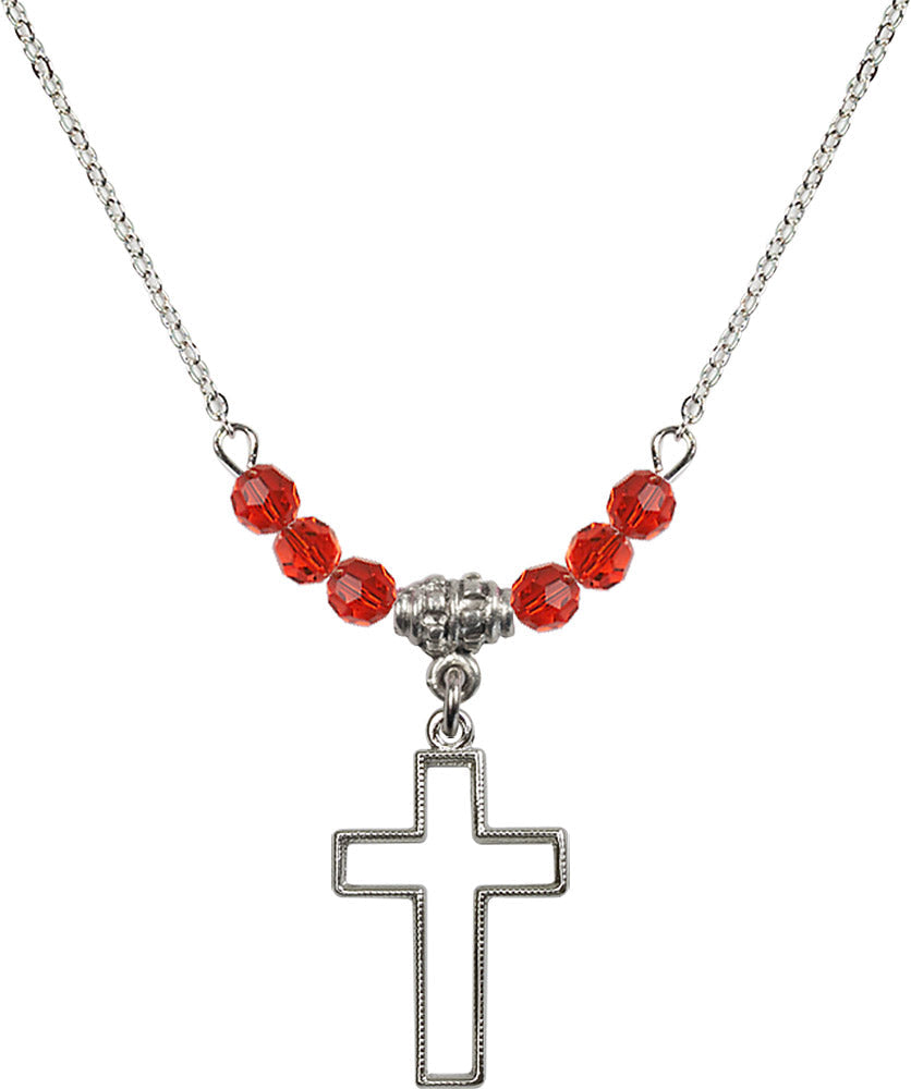 Sterling Silver Cross Birthstone Necklace with Ruby Beads - 1708