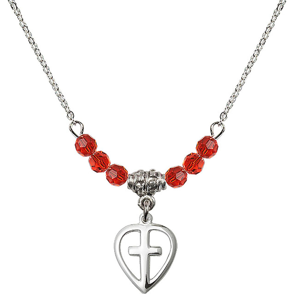 Sterling Silver Heart / Cross Birthstone Necklace with Ruby Beads - 1709