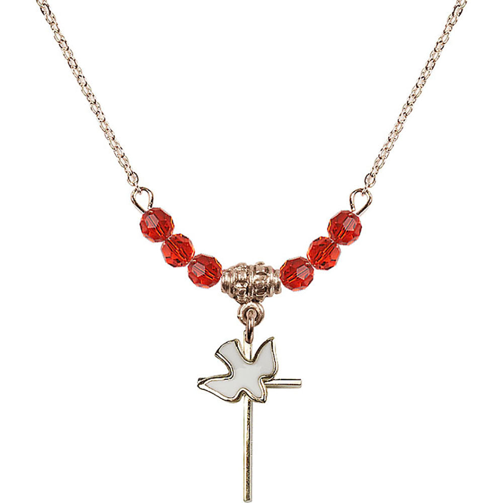 14kt Gold Filled Cross / Holy Spirit Birthstone Necklace with Ruby Beads - 1812